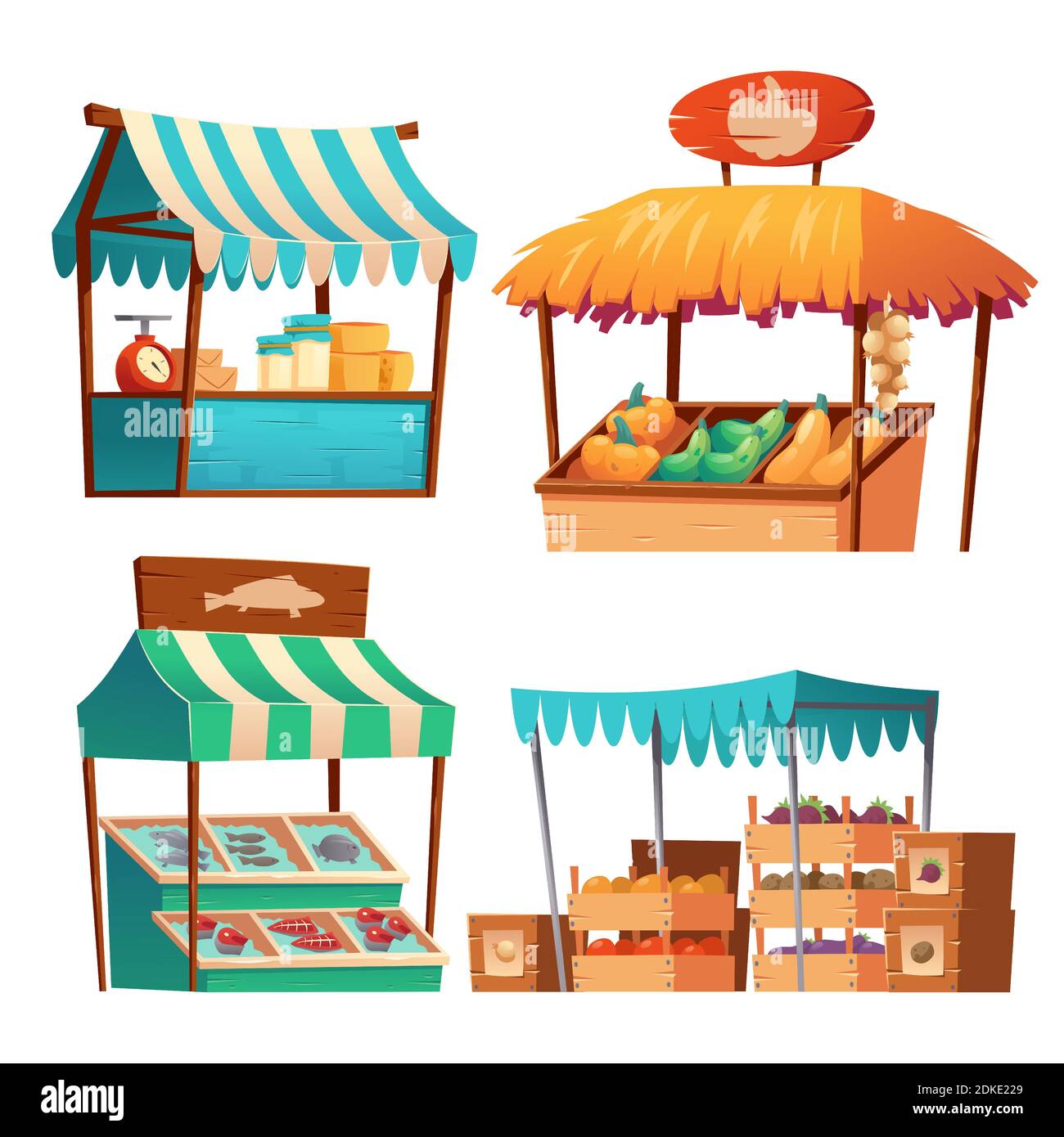 Food market stalls with vegetables, cheese and fish on counter and in  crates. Vector cartoon set