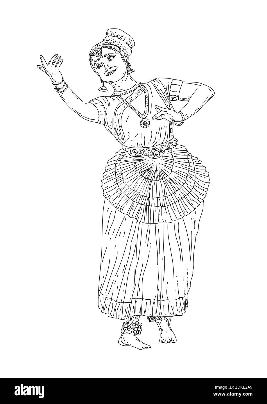 Kerala culture dance mohiniyattam outline drawing vector illustration design. Stock Vector