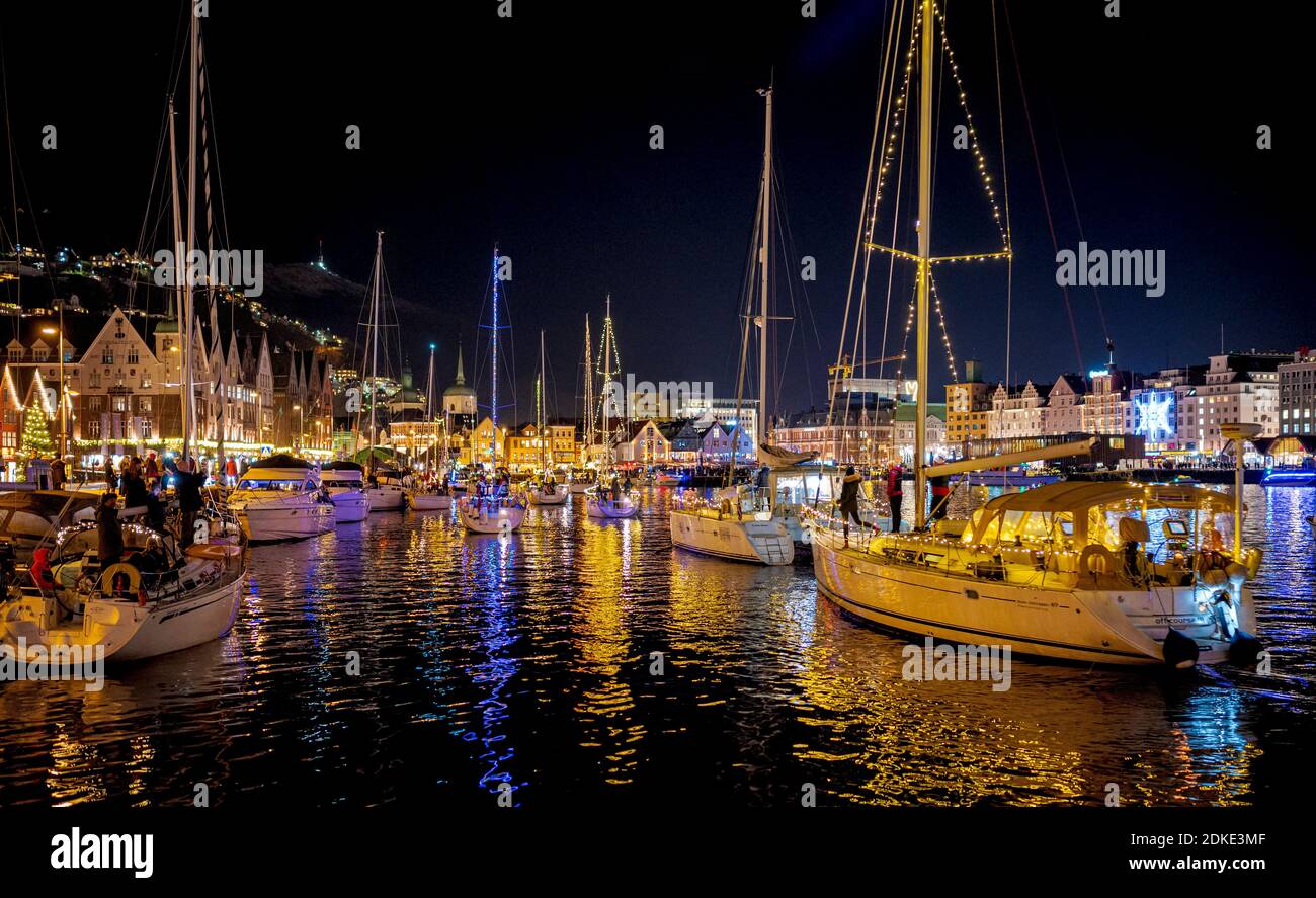 Christmas time in Bergen, Norway. Sailing boat parade . Stock Photo