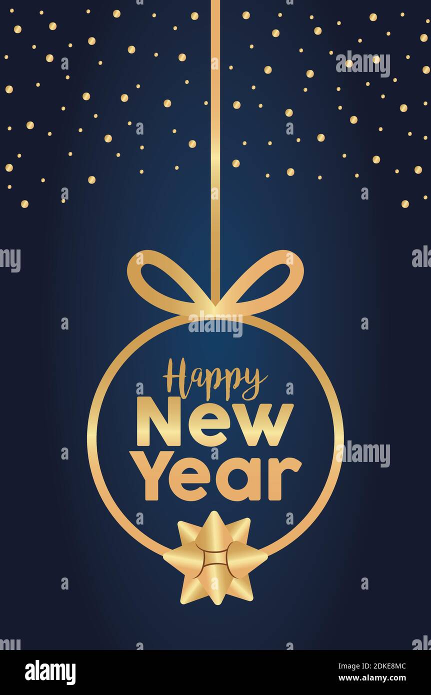 happy new year lettering golden card with gold ball hanging vector ...