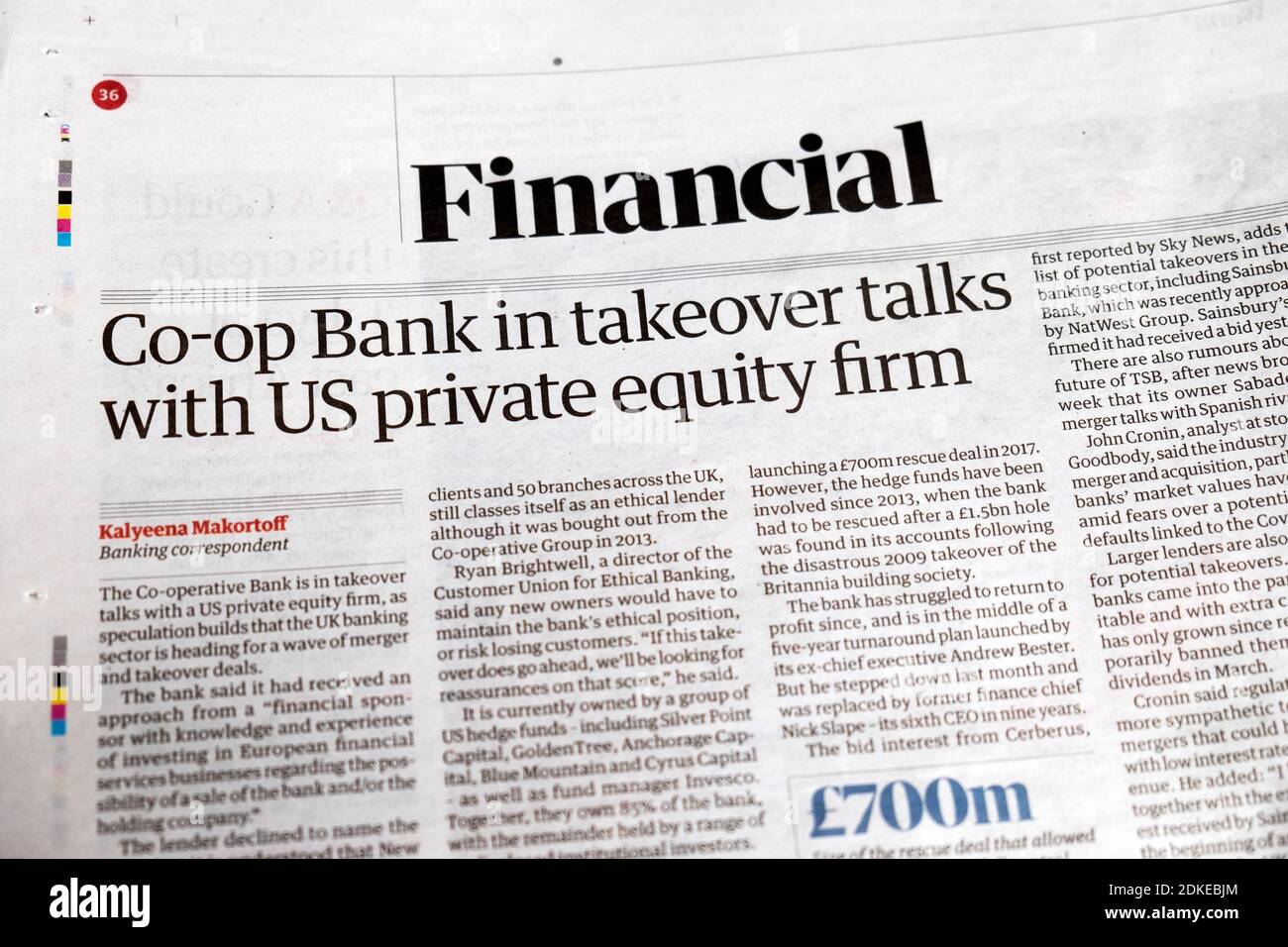 Guardian newspaper headline in Financial section article 'Co-Op Bank in takeover talks with US private equity firm' 17 November 2020 London UK Stock Photo