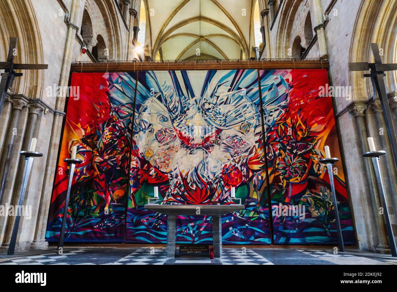 England, West Sussex, Chichester, Chichester Cathedral, The Shrine of St Richard, Tapestry by German Artist Ursula Benker-Schirmer depicting Images Related to The Life of St Richard Stock Photo