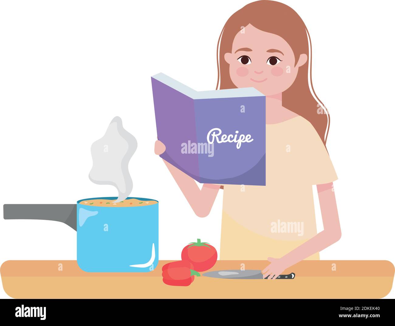 Cartoon Woman Holding A Recipes Book And Cooking Pot And Tomatoes Around Over White Background Colorful Design Vector Illustration Stock Vector Image Art Alamy