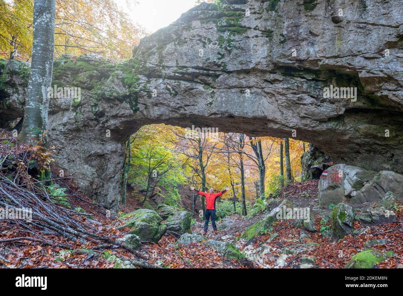 Natural rock bridge in the Val d'Arc forest, ancient border between the municipalities of Mel (today Borgo Valbelluna) and Miane (Treviso) established in 1838, historical place, venetian pre-alps, veneto, italy Stock Photo