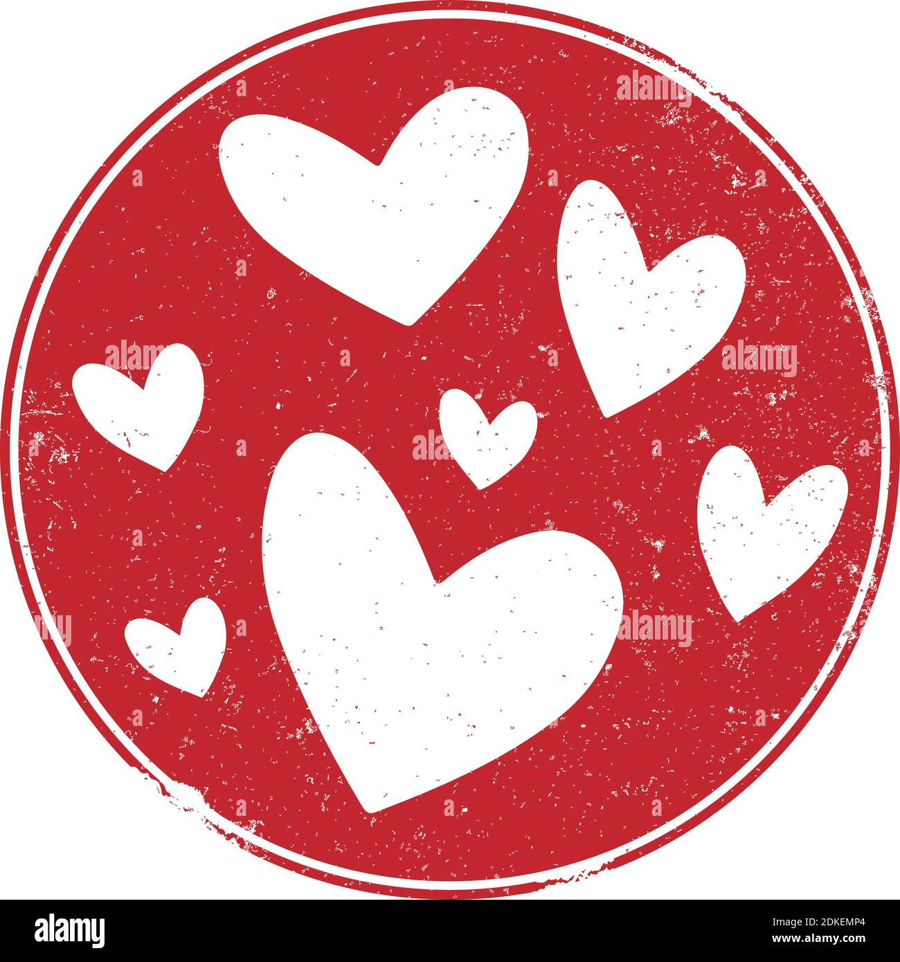 grungy round red rubber stamp with hearts, love and affection symbol vector illustration Stock Vector