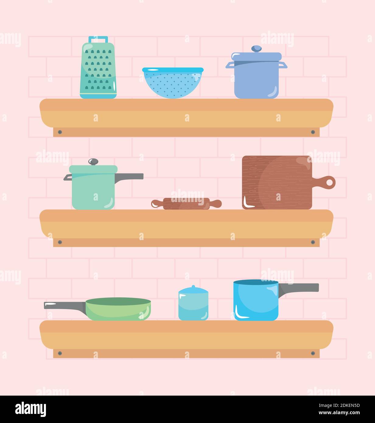 kitchen shelves print colourful kitchen decor,... shelves with cooking elements over pink background, colorful design ...