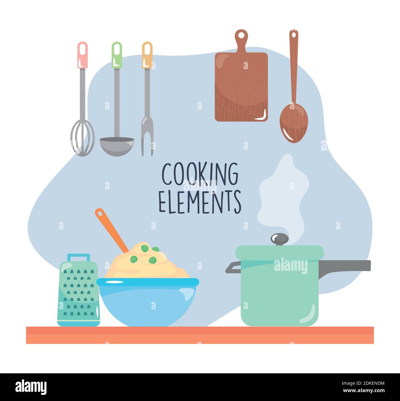 cooking elements design with kitchen tools and pots, colorful design ...