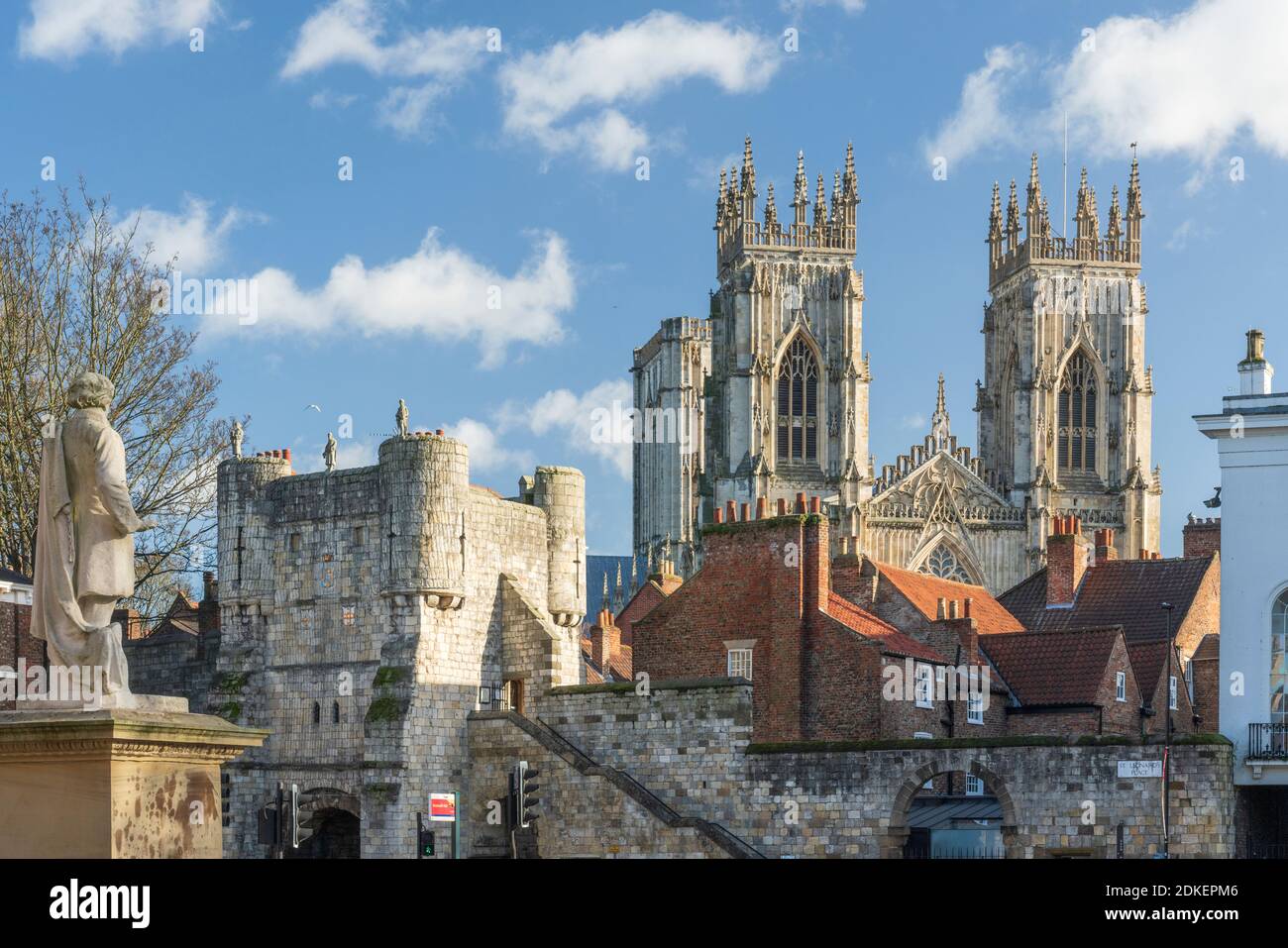 Bootham Bar St Leonards Place and York Minster Bell Towers in autumn sunlight. Stock Photo