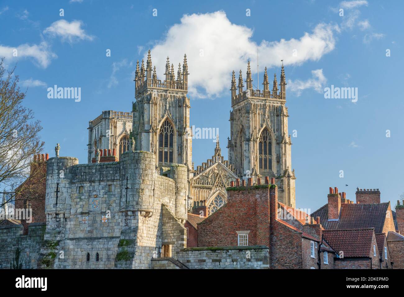 Bootham Bar St Leonards Place and York Minster Bell Towers in autumn sunlight. Stock Photo
