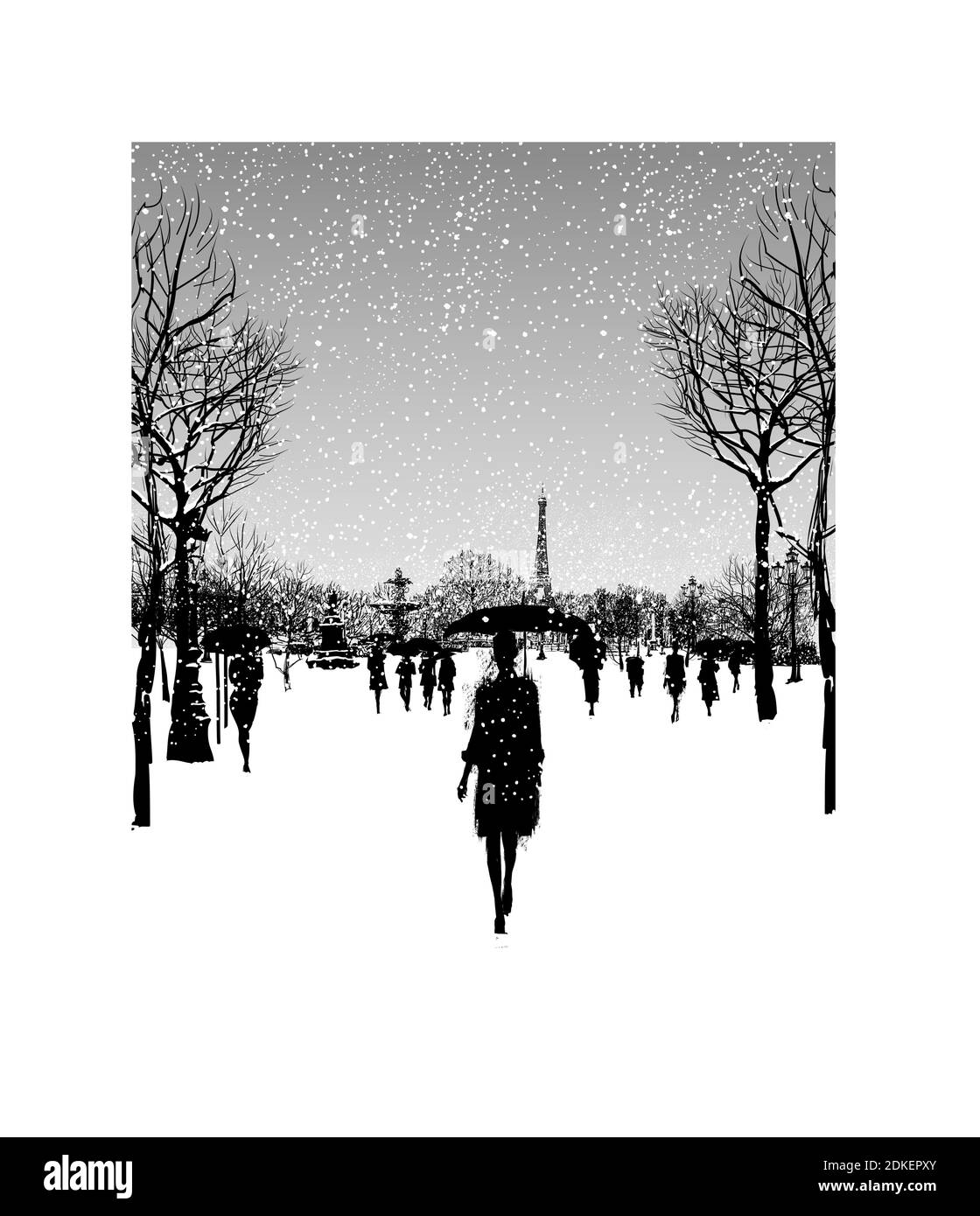 Place de la concorde and eiffel tower under snow, Paris, France - vector illustration Stock Vector