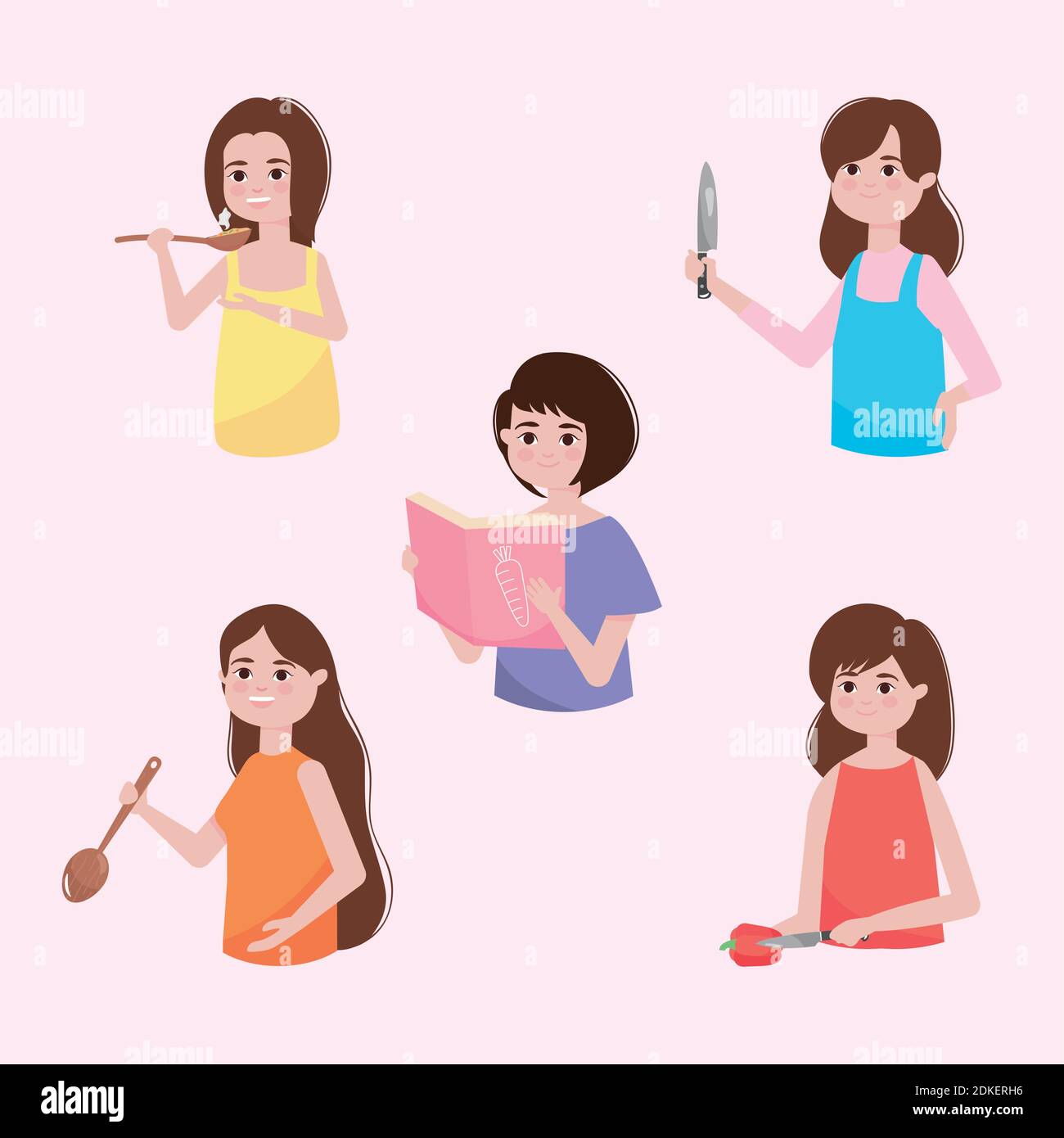 cartoon women holding cooking elements over pink background, colorful ...