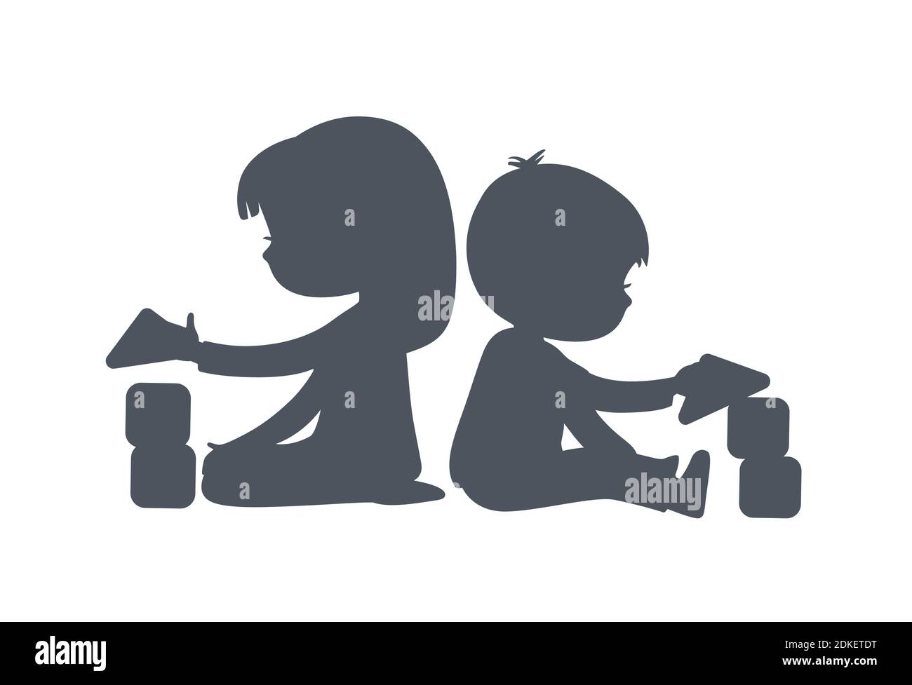 Silhouette of Boy and Girl playing with toy blocks. Can be used as logo or sign. Vector simple black and white illustration. isolated. Stock Vector