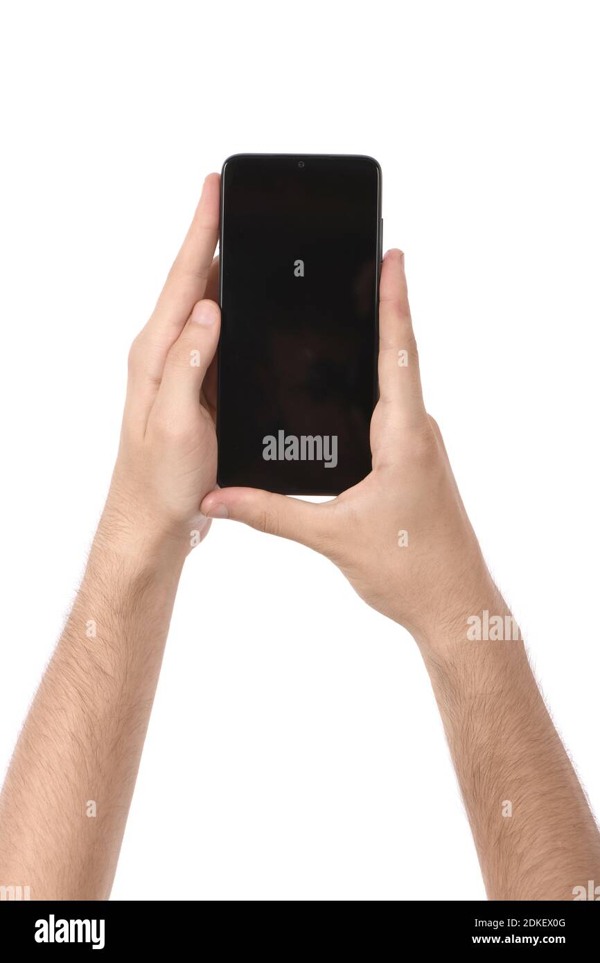 Man hand holding the black smartphone with blank screen. isolated on ...