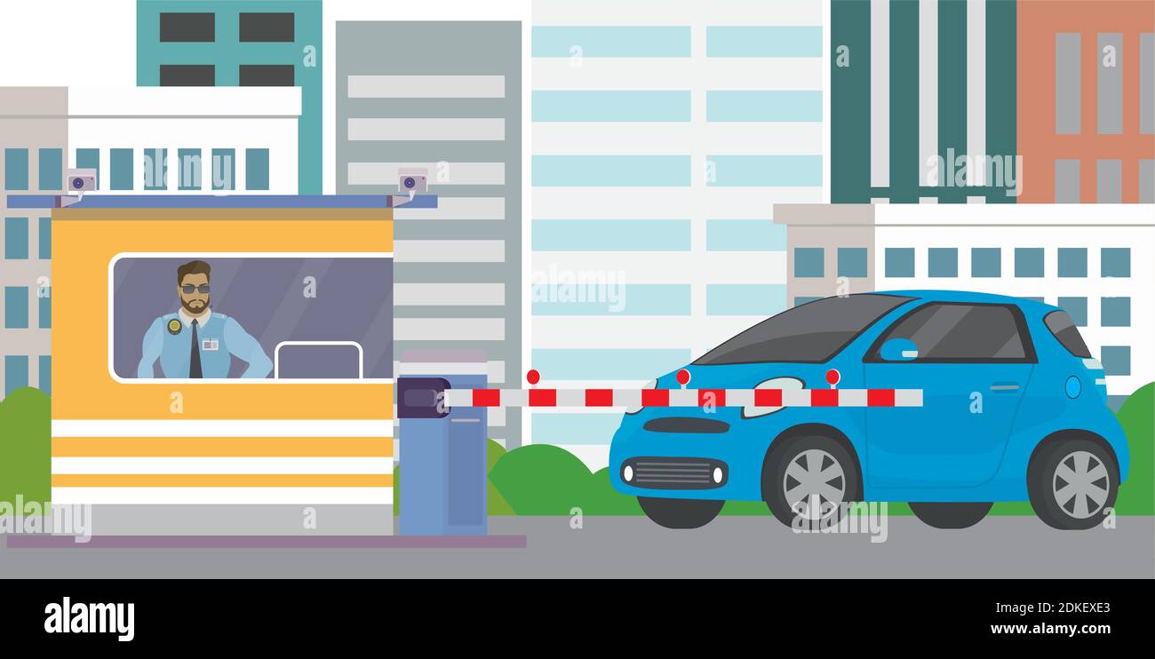 Male security guard in cabin,gate with barrier and blue car,city view on background,Flat vector illustration. Stock Vector