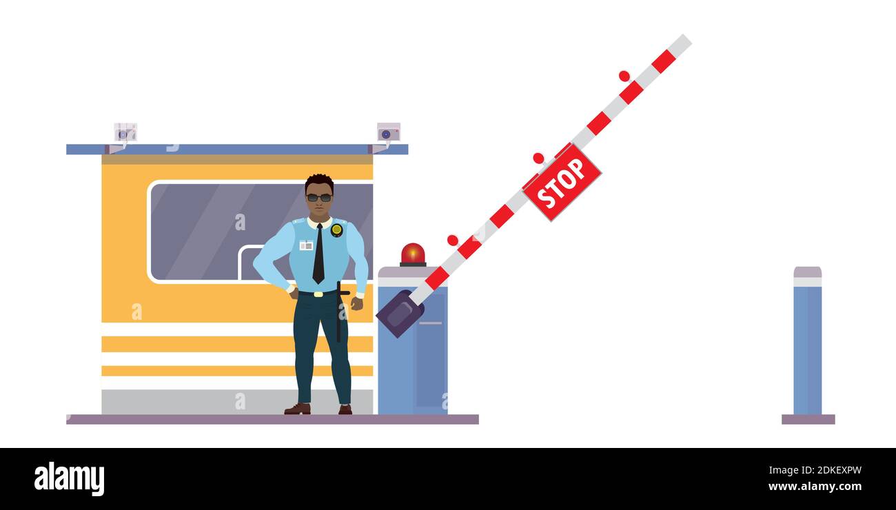 Male security guard at toll booth, uniformed officer or protective agent near security cabin and gate with alarm,raised barrier with stop sign,Isolate Stock Vector
