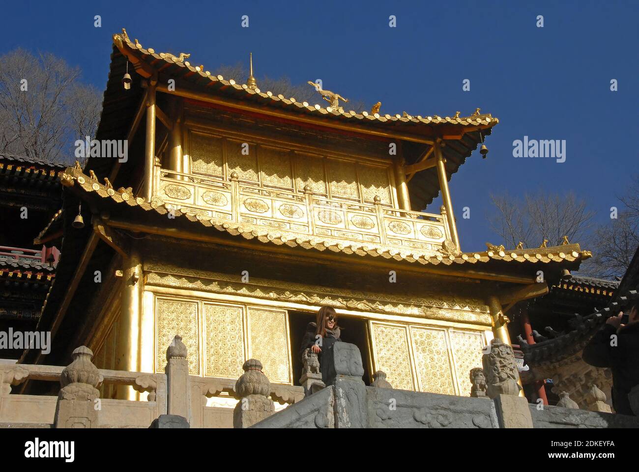 Wutaishan, Shanxi Province in China. This is the Copper Hall (or Bronze Hall) at Xiantong Temple in Wutai Mountain with a visitor. Stock Photo