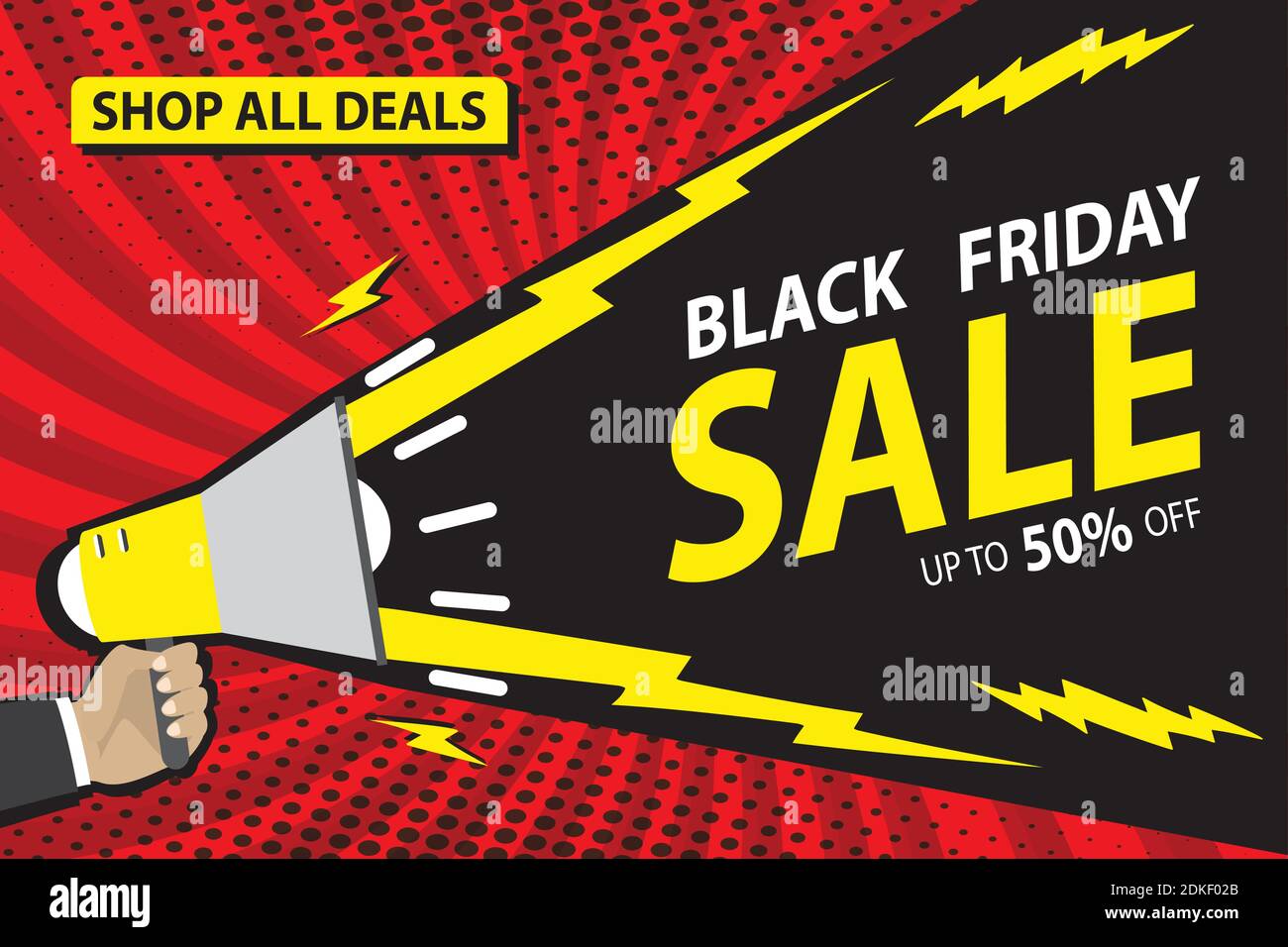 Hand holding megaphone and text black friday SALE, comic pop art design, retro style background or banner template,discount concept,Stock vector illus Stock Vector