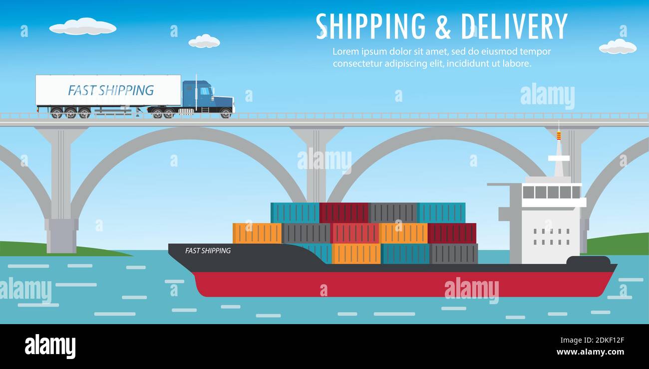Aircraft,long truck on bridge and container ship,delivery and shipping