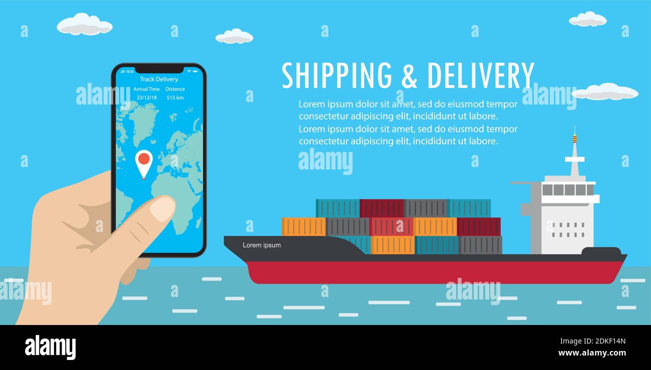 Container ship in sea, vessel boat transport,shipping and delivery tracking.Hand holding smartphone with app.Flat vector illustration Stock Vector