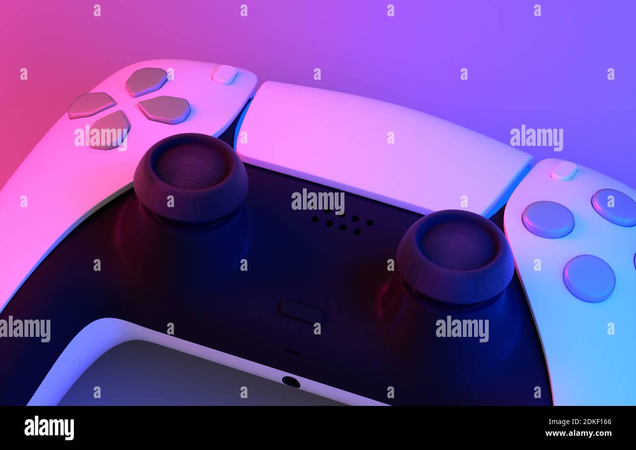 Realistic video game controller in neon lights on white table ...