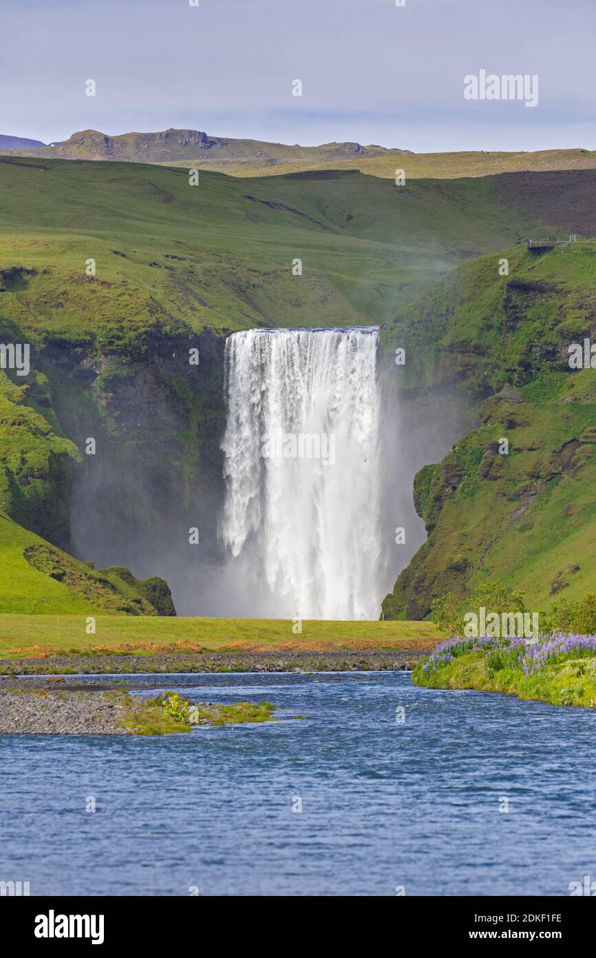 Skogafoss, 63 m high waterfall situated on the Skógá River in summer, Skógar, Iceland Stock Photo