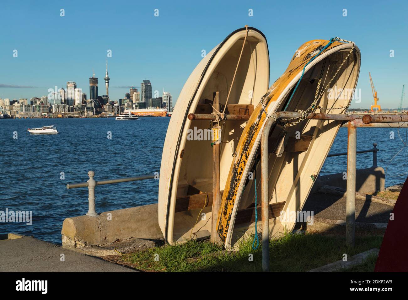 Boats on Devonport promenade, Auckland skyline, North Island, New