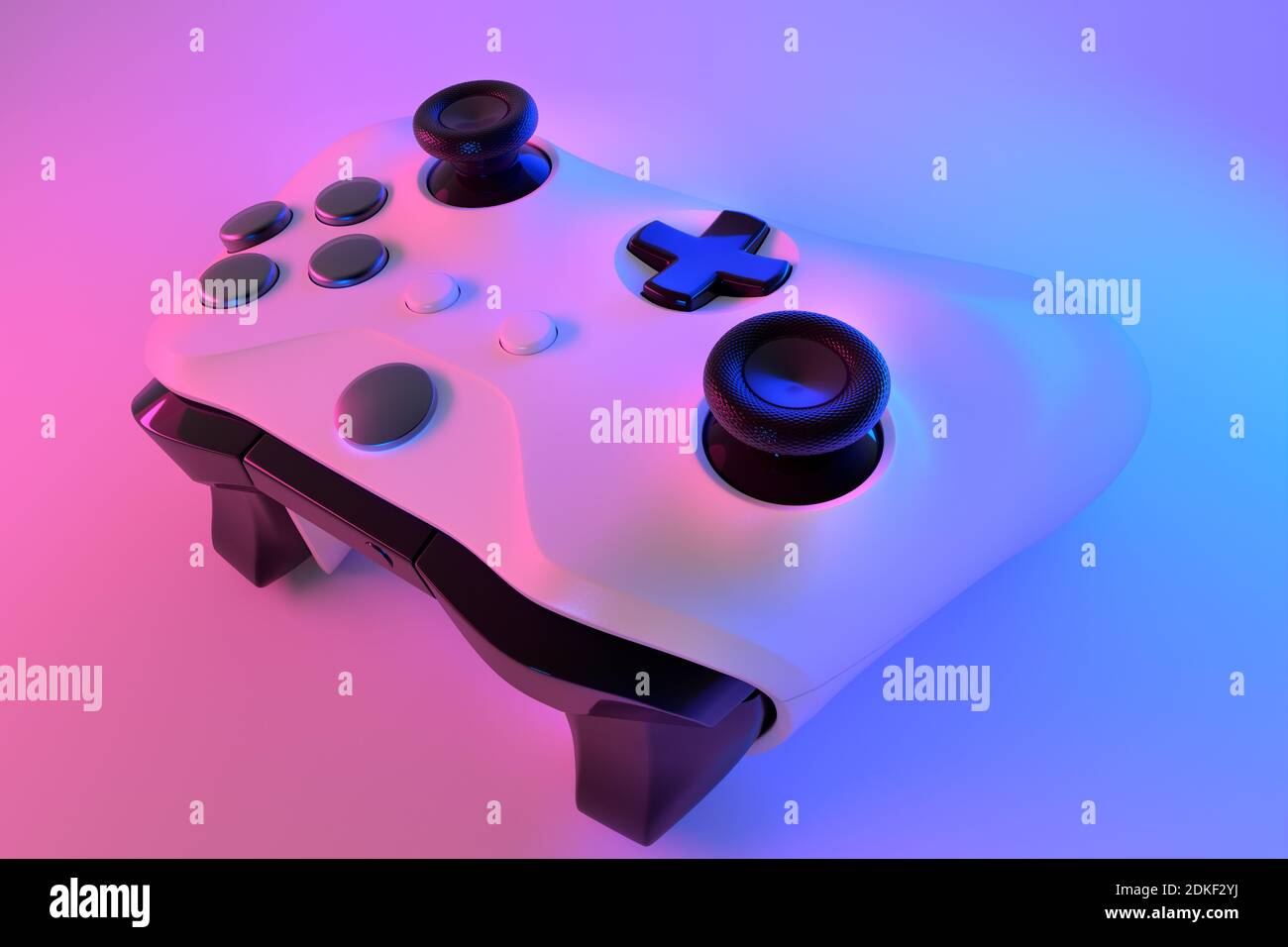 Realistic video game controller in neon lights on white table ...