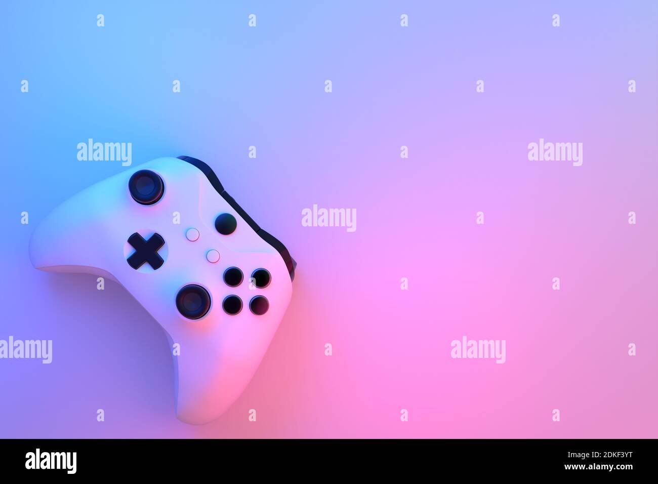Realistic video game controller in neon lights on white table ...