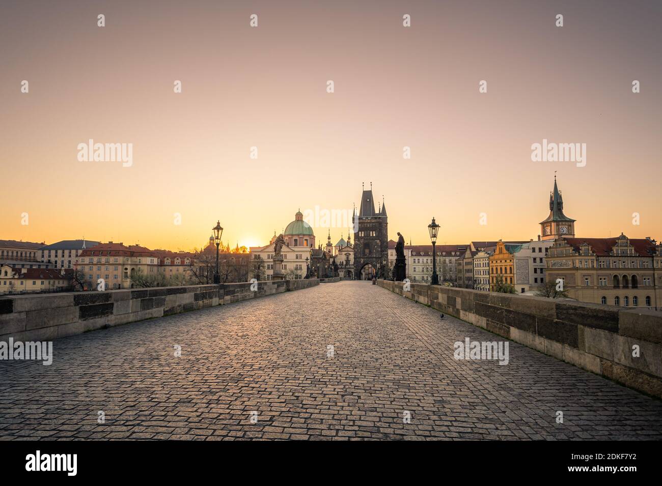 Charles bridge at sunrise, Old Town bridge tower, Prague UNESCO, Czech republic, Europe - Old town Stock Photo