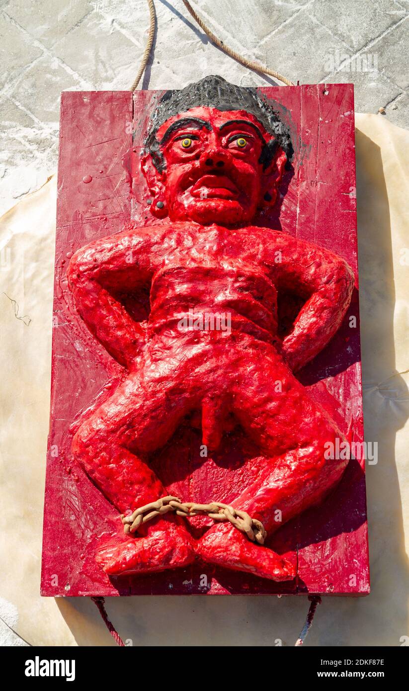 Dough effigy used in mystical Buddhist rituals of sacrifice in the name of cleansing space from evil and dark energies. Applied in religious masked an Stock Photo