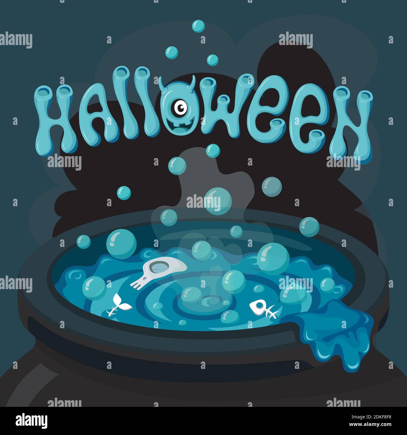 Halloween illustration, witches cauldron with the magic potion Stock Vector