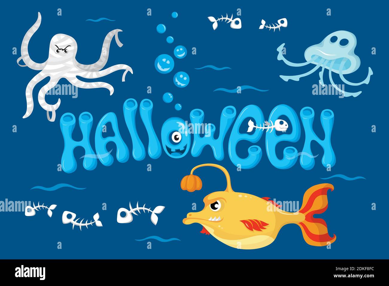 Halloween illustration with lettering and monsters. Vector illustration. Stock Vector