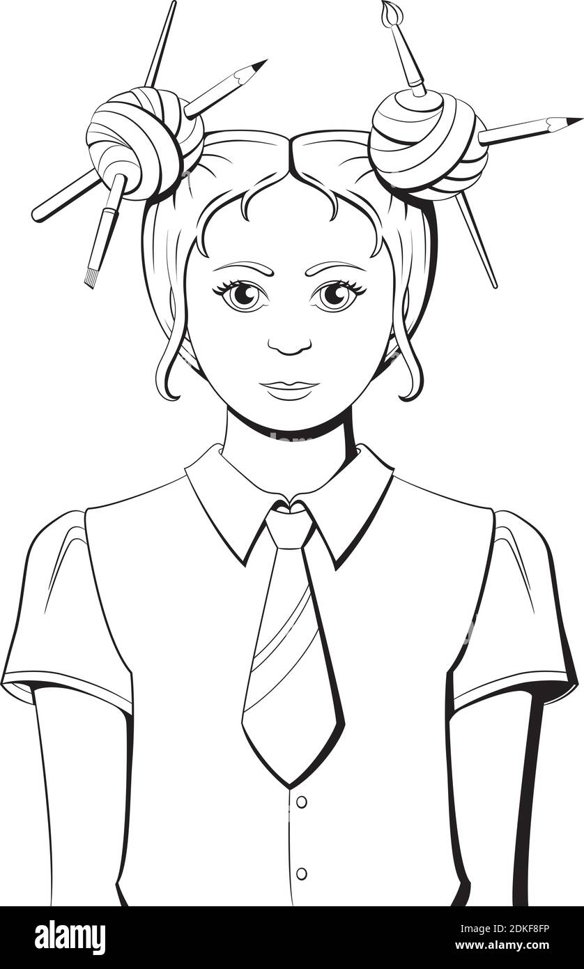 Black and white girl. Illustration Coloring Schoolgirl Stock Vector