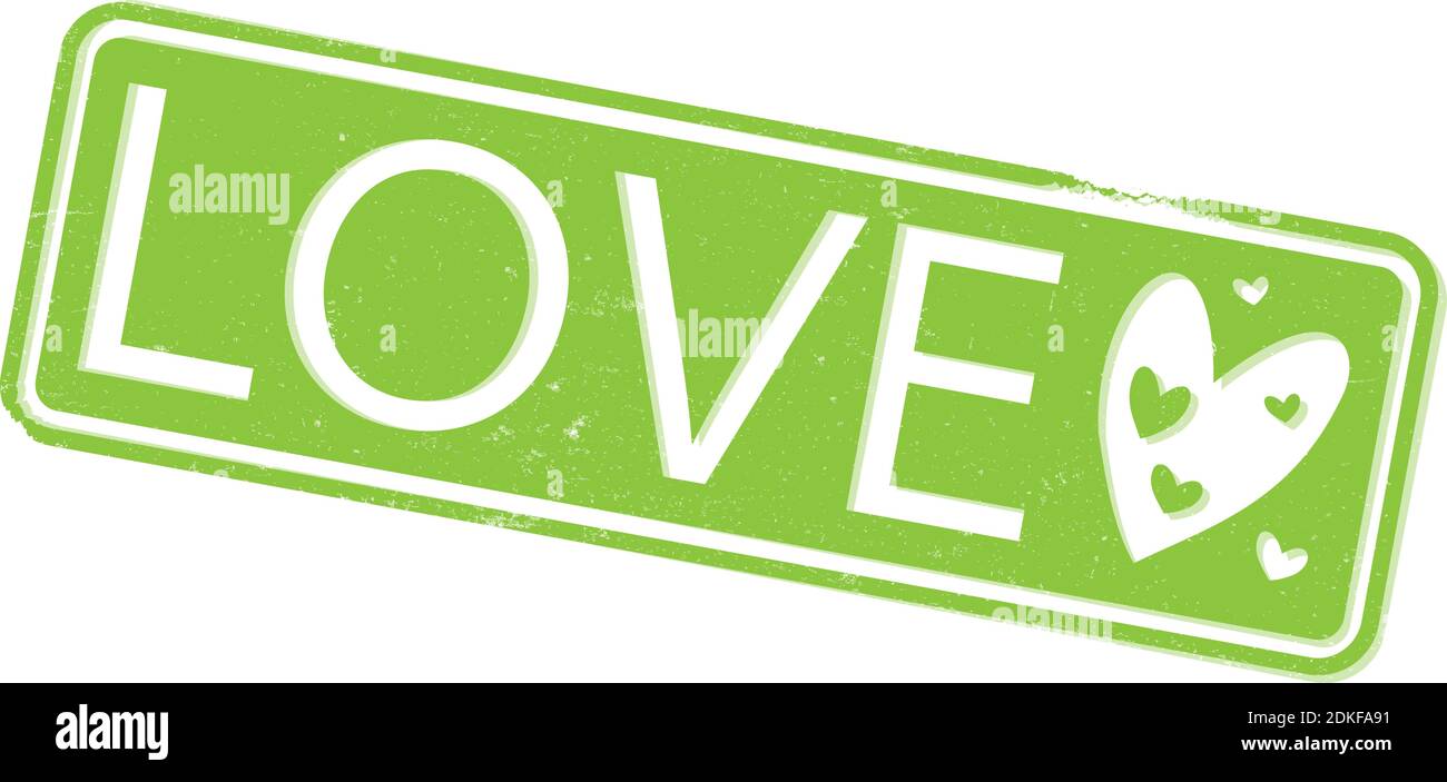 rectangular grungy green LOVE rubber stamp with heart shapes vector illustration Stock Vector