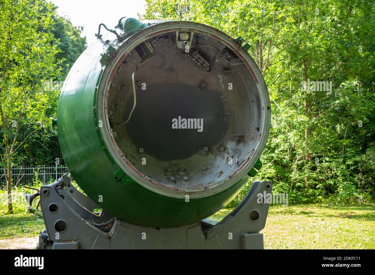 Pereslavl-Zalessky, Russia - July 25, 2018: Stage of soviet sea-based ballistic missile R-29 Vysota (SS-N-8, Sawfly, RSM-40) on a mobile platform  in Stock Photo