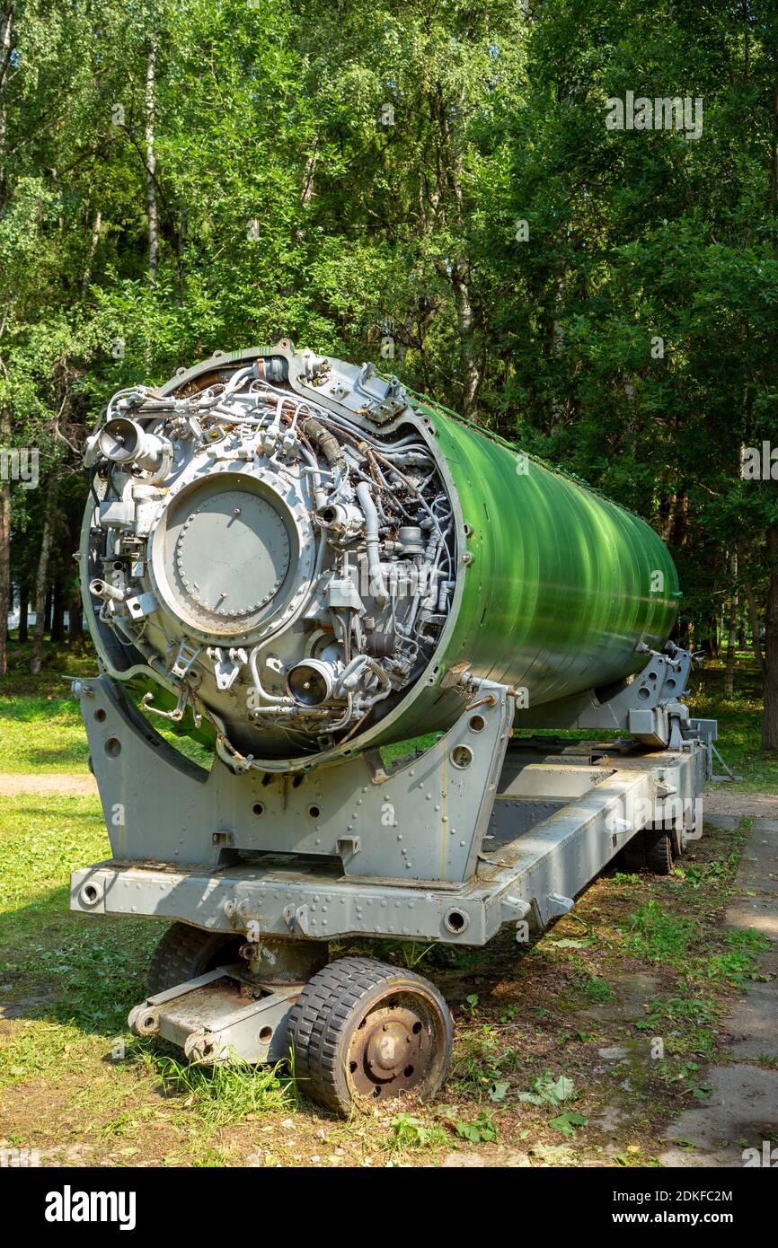 Pereslavl-Zalessky, Russia - July 25, 2018: Stage of soviet sea-based ballistic missile R-29 Vysota (SS-N-8, Sawfly, RSM-40) on a mobile platform  in Stock Photo