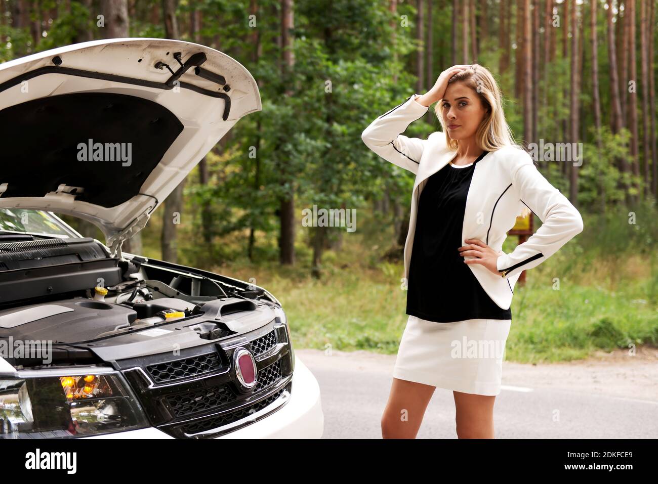 Woman opened the hood broken car Stock Photo Alamy