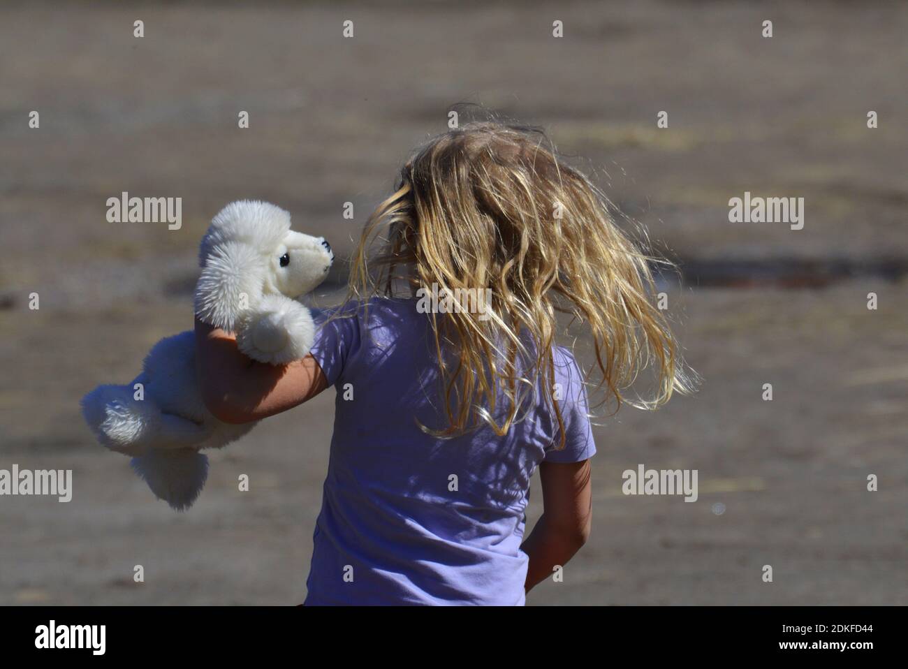 Rear View Of Girl With Toy Walking On Footpath Stock Photo