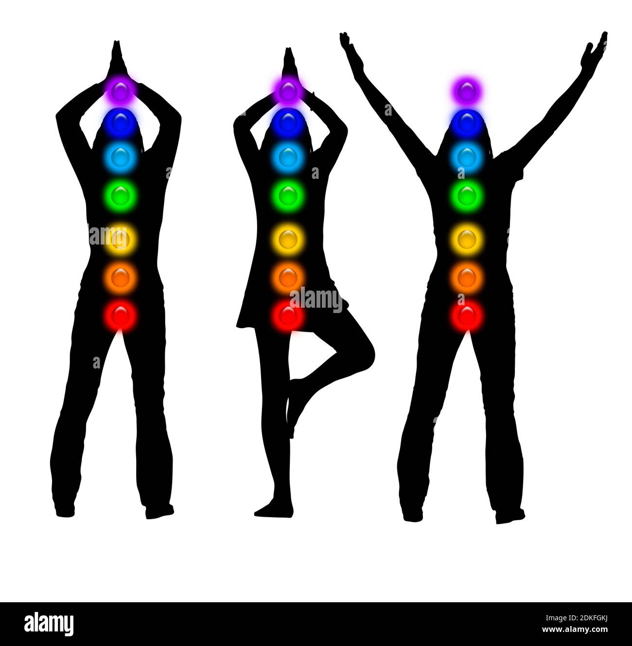 Female figures with chakras in rainbow colors Stock Photo