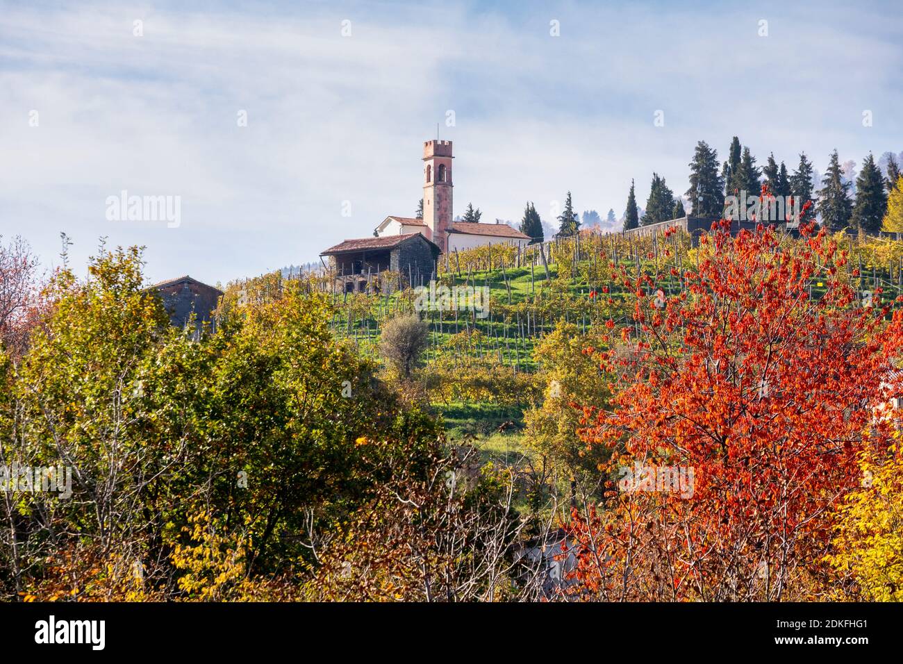 the oratory of the blessed virgin of sorrow on the hill of Combai, among the vineyards in autumn, Miane, Treviso, Italy, Europe Stock Photo