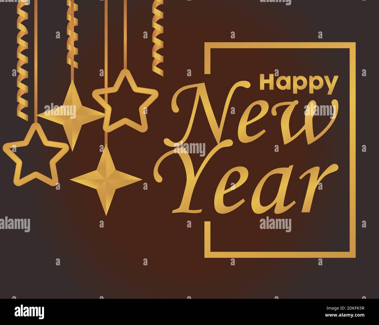happy new year lettering card with golden stars hanging vector ...
