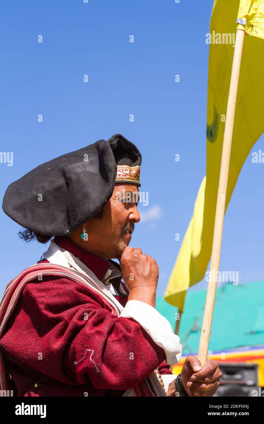 Leh, Jammu and Kashmir, India - Sep 01, 2012: the Ladakhi man in traditional clothing with the familiar hat on the traditional Ladakh festival on sunn Stock Photo