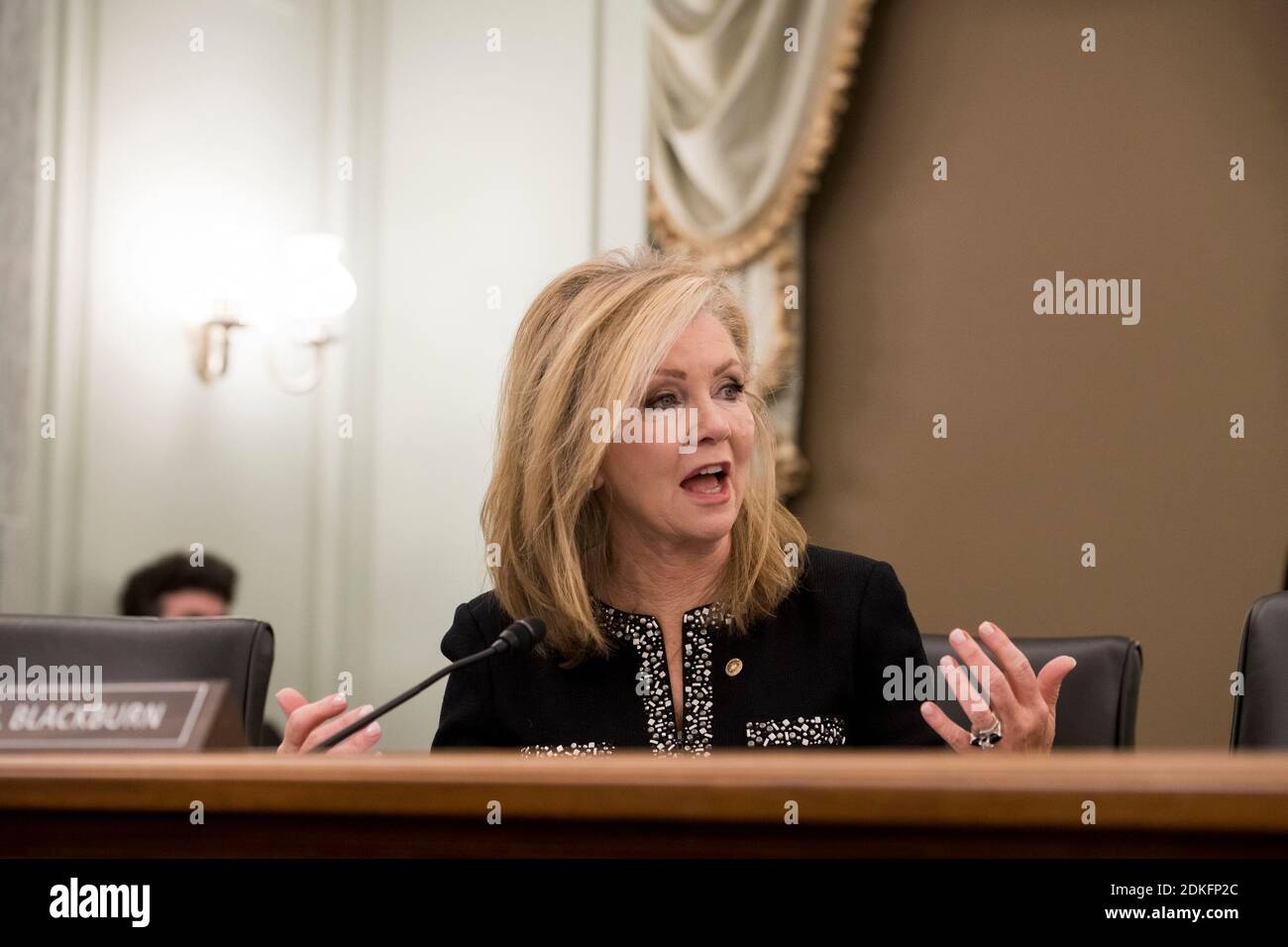 United States Senator Marsha Blackburn (Republican of Tennessee) questions the panel during a Senate Committee on Commerce, Science, and Transportation - Subcommittee on Manufacturing, Trade, and Consumer Protection hearing to examine the impact of COVID-19 on the live event entertainment industry in the Russell Senate Office Building on Capitol Hill in Washington, DC, Tuesday, December 15, 2020.Credit: Rod Lamkey/CNP | usage worldwide Stock Photo