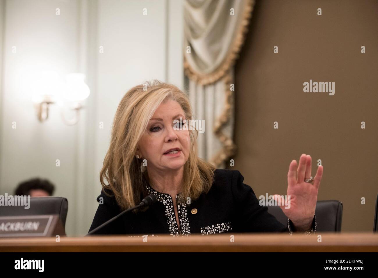 United States Senator Marsha Blackburn (Republican of Tennessee) questions the panel during a Senate Committee on Commerce, Science, and Transportation - Subcommittee on Manufacturing, Trade, and Consumer Protection hearing to examine the impact of COVID-19 on the live event entertainment industry in the Russell Senate Office Building on Capitol Hill in Washington, DC, Tuesday, December 15, 2020.Credit: Rod Lamkey/CNP | usage worldwide Stock Photo