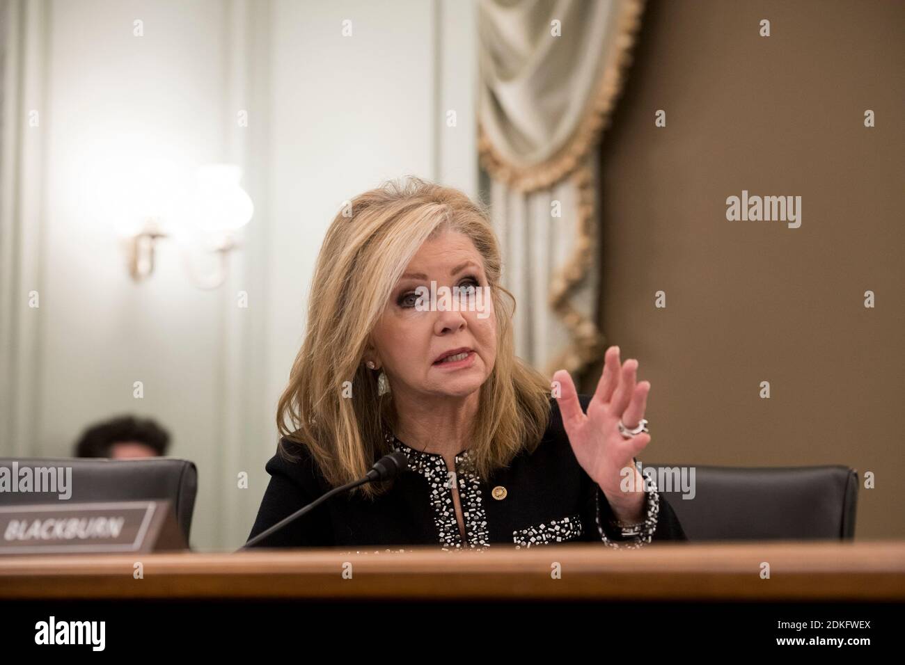 United States Senator Marsha Blackburn (Republican of Tennessee) questions the panel during a Senate Committee on Commerce, Science, and Transportation - Subcommittee on Manufacturing, Trade, and Consumer Protection hearing to examine the impact of COVID-19 on the live event entertainment industry in the Russell Senate Office Building on Capitol Hill in Washington, DC, Tuesday, December 15, 2020.Credit: Rod Lamkey/CNP | usage worldwide Stock Photo