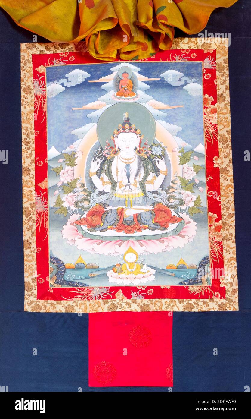Gangtok, India - December 27, 2011: Buddhist thangka - a Tibetan Buddhist painting on cotton, or silk applique - in a monastery in Gangtok, Sikkim, In Stock Photo