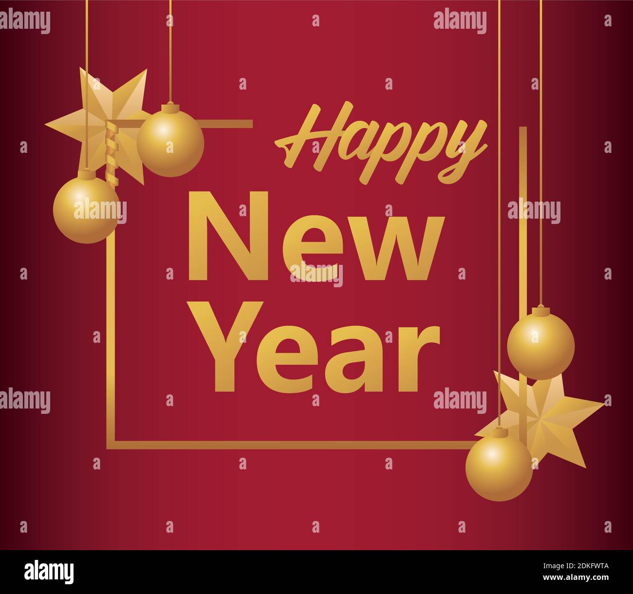happy new year lettering card with stars and balls in square frame ...