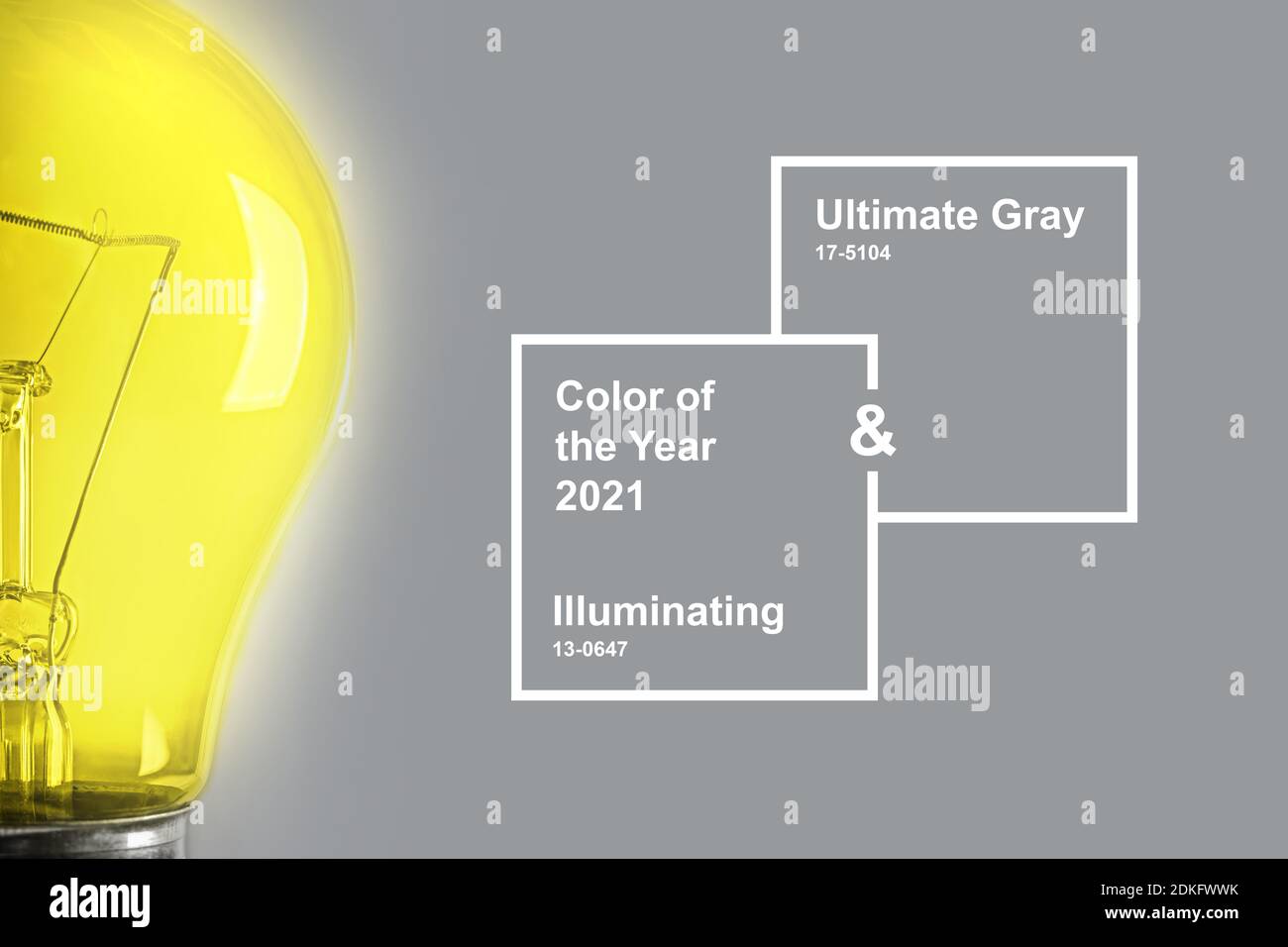 Half glowing light bulb on the gray background. Colors of the year 2021. Stock Photo