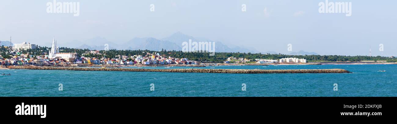 Panorama of Laccadive Sea and Kanyakumari town on the background of mountains at the southernmost point of India, formerly known as Cape Comorin in th Stock Photo