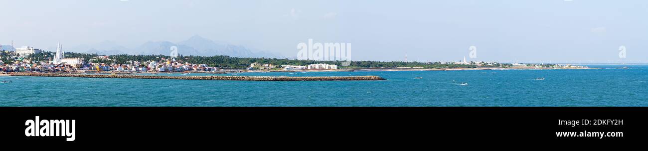 Panorama of Laccadive Sea and Kanyakumari town on the background of mountains at the southernmost point of India, formerly known as Cape Comorin in th Stock Photo